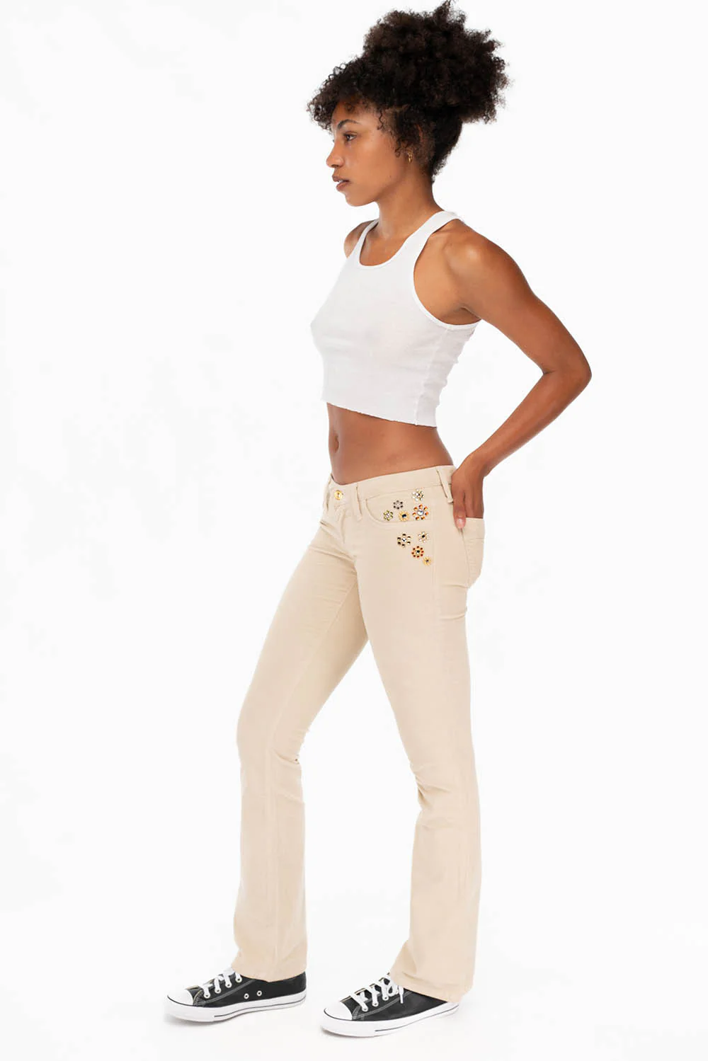 CRYSTAL FLOWER BOOT CUT BABY CORDS IN BEIGE - Image 5