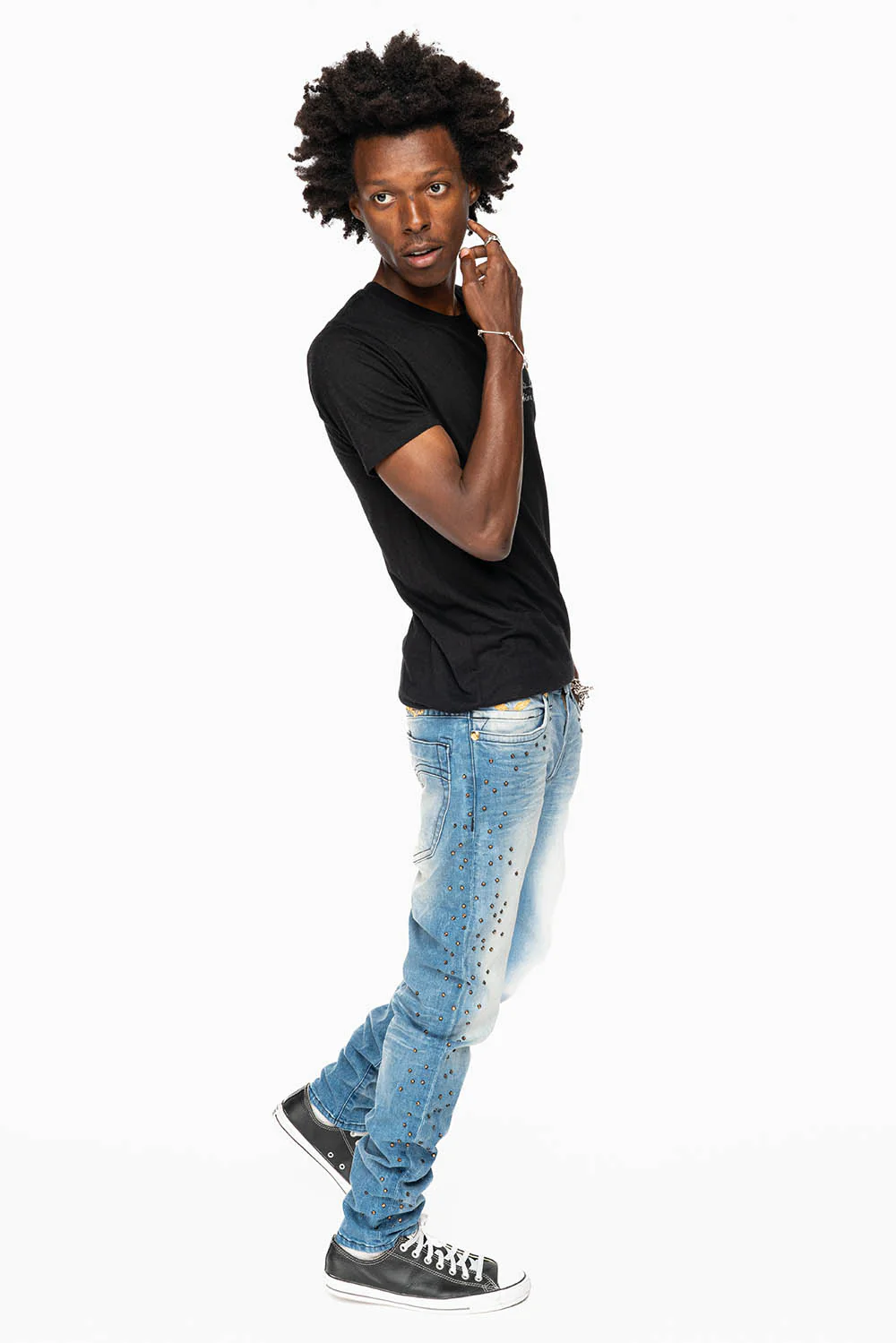 SKINNY JEAN IN BLUE 5D LIGHT WASH EMBELLISHED SIDE LEGS WITH CRYSTALS