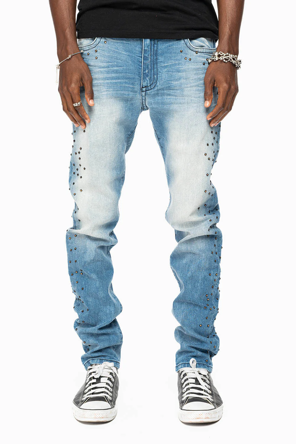 SKINNY JEAN IN BLUE 5D LIGHT WASH EMBELLISHED SIDE LEGS WITH CRYSTALS - Image 2