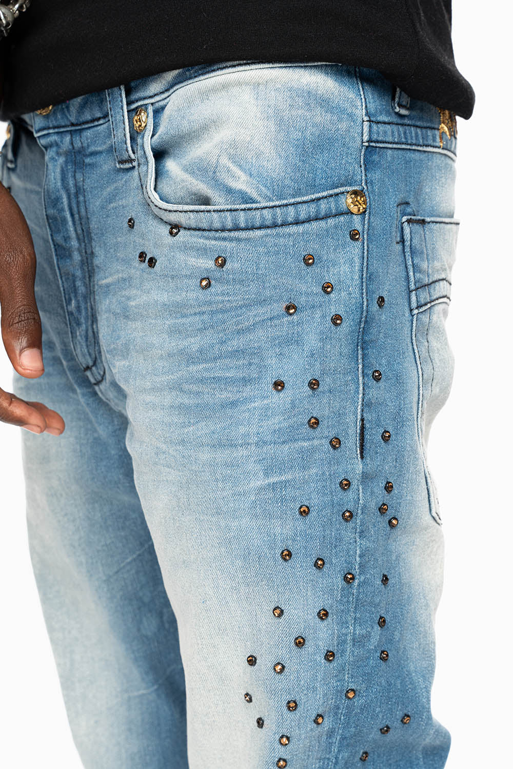 SKINNY JEAN IN BLUE 5D LIGHT WASH EMBELLISHED SIDE LEGS WITH CRYSTALS - Image 3