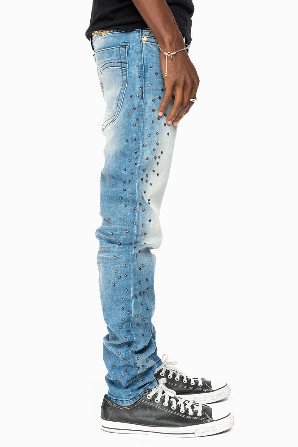 SKINNY JEAN IN BLUE 5D LIGHT WASH EMBELLISHED SIDE LEGS WITH CRYSTALS - Image 4