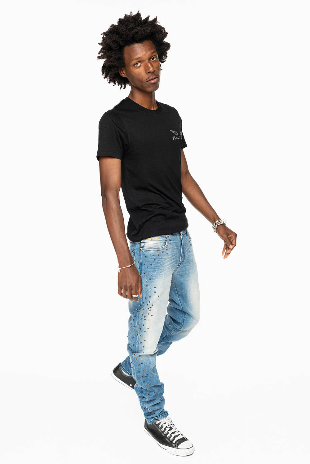 SKINNY JEAN IN BLUE 5D LIGHT WASH EMBELLISHED SIDE LEGS WITH CRYSTALS - Image 7