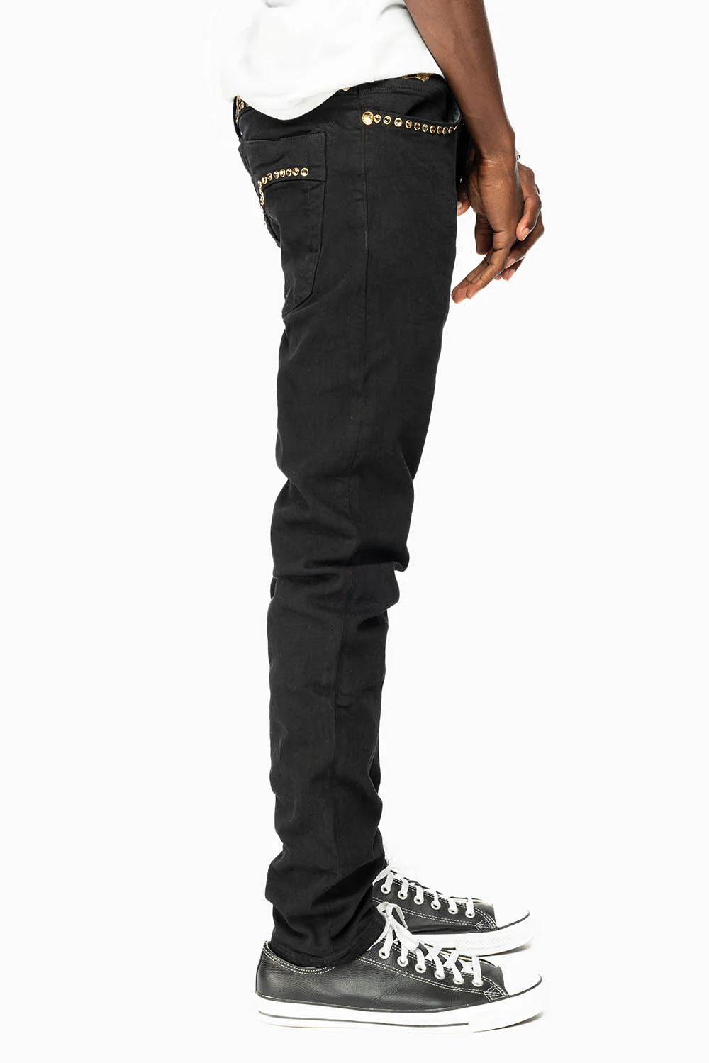 SKINNY JEAN IN PURE BLACK WITH GOLD O.E. LOGO EMBELISHED WITH SMOKY TOPAZ CRYSTALS - Image 3