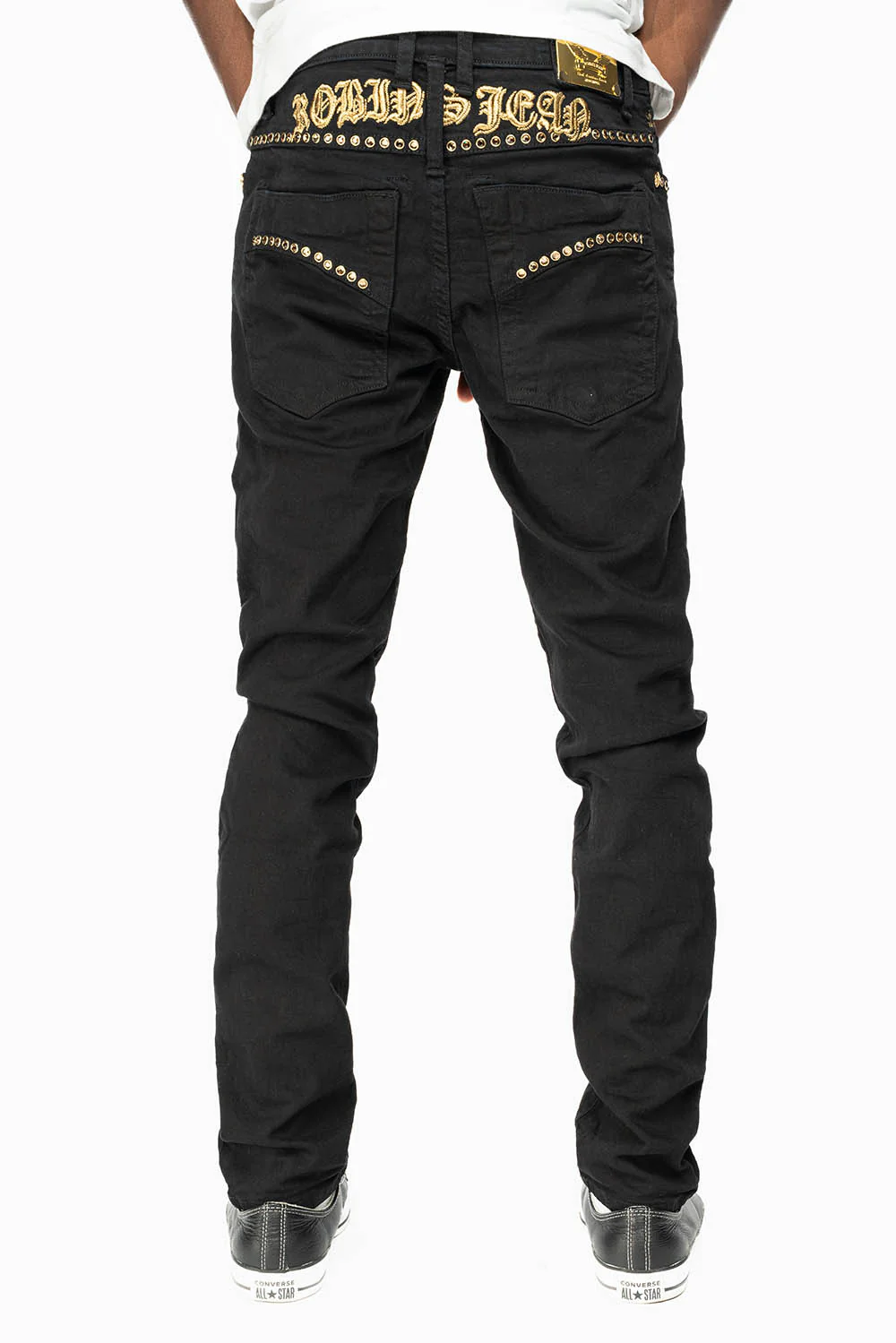SKINNY JEAN IN PURE BLACK WITH GOLD O.E. LOGO EMBELISHED WITH SMOKY TOPAZ CRYSTALS - Image 4