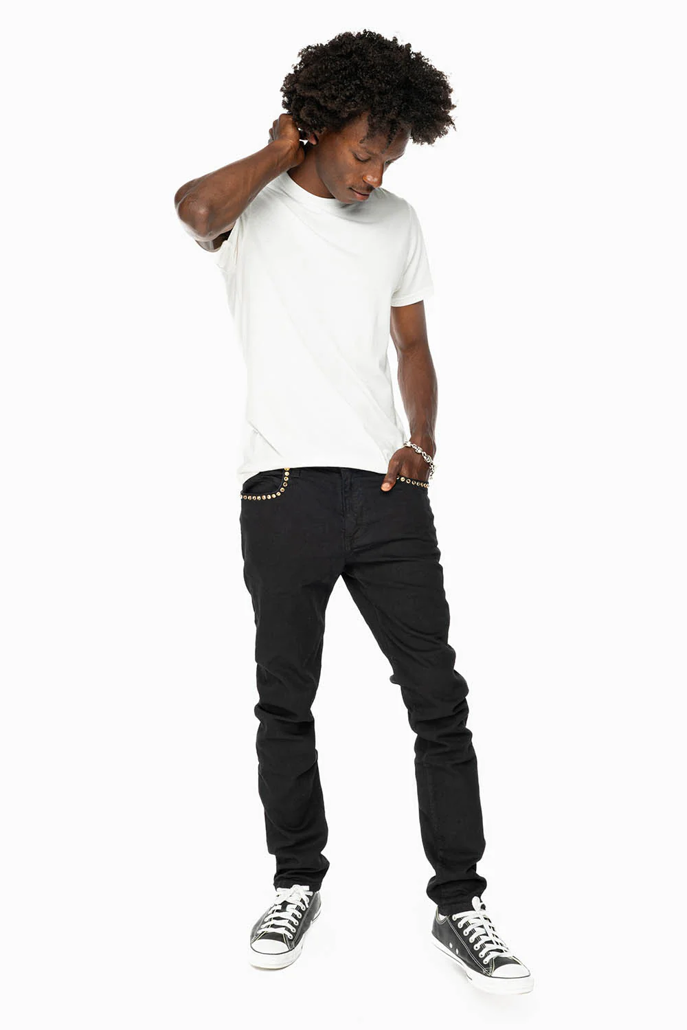 SKINNY JEAN IN PURE BLACK WITH GOLD O.E. LOGO EMBELISHED WITH SMOKY TOPAZ CRYSTALS - Image 5