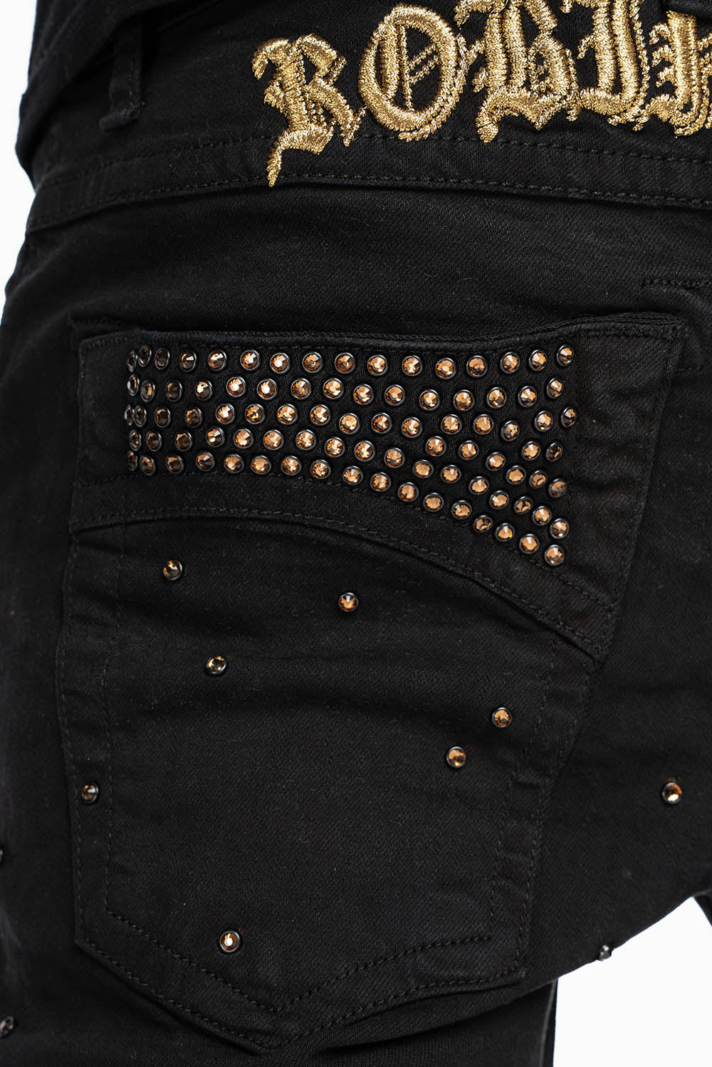 SKINNY JEAN IN PURE BLACK WITH GOLD O.E. LOGO EMBELLISHED ALLOVER WITH SMOKY TOPAZ CRYSTALS - Image 2