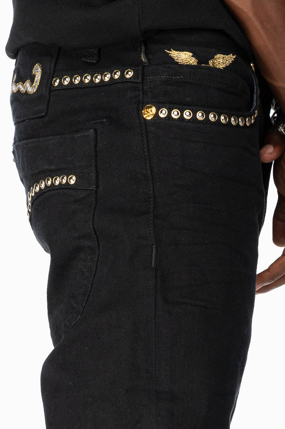 SKINNY JEAN IN PURE BLACK WITH GOLD/SILVER  ROBIN’S LOGO EMBELLISHED WITH GOLD NAILHEAD STUDS - Image 2