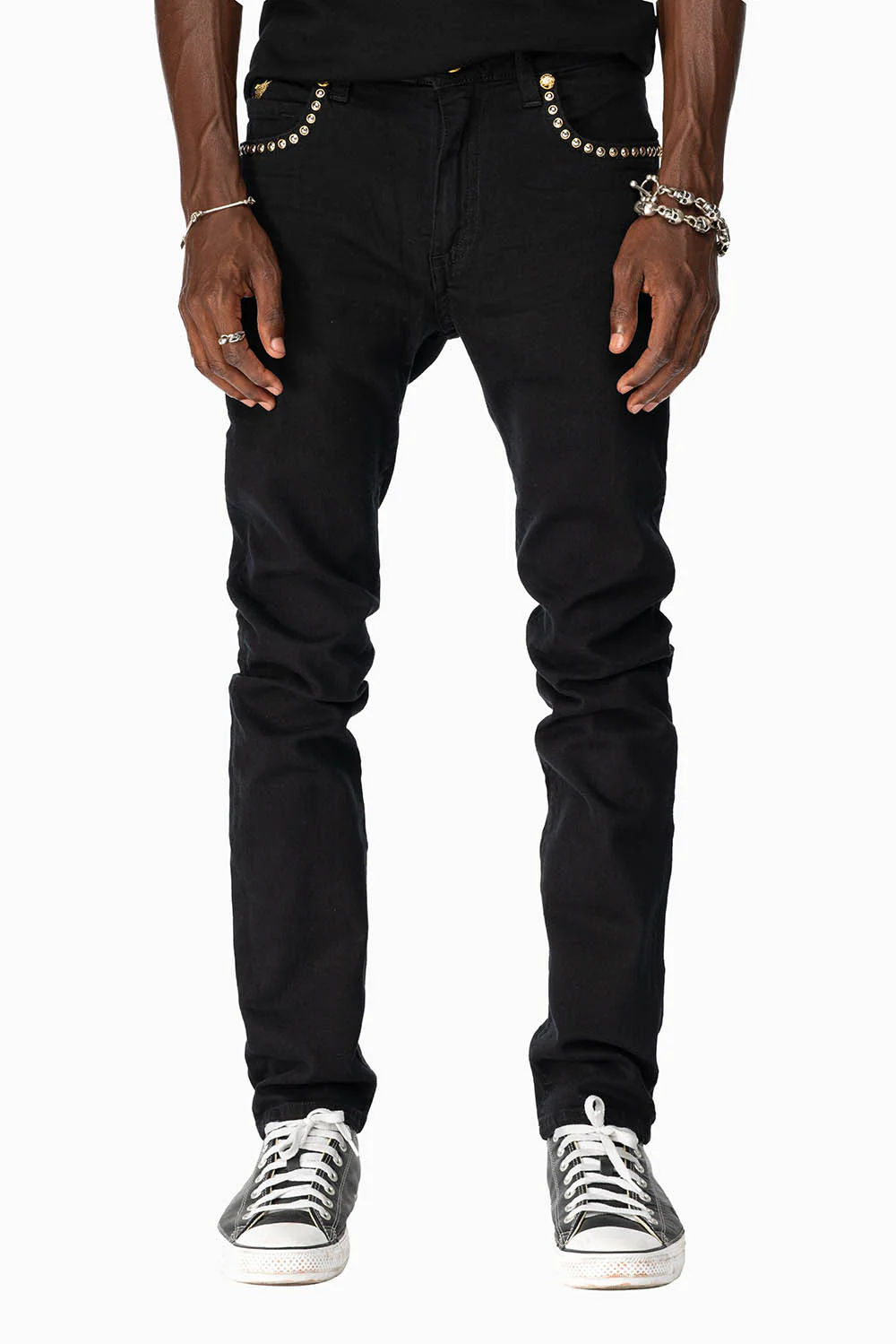 SKINNY JEAN IN PURE BLACK WITH GOLD/SILVER  ROBIN’S LOGO EMBELLISHED WITH GOLD NAILHEAD STUDS - Image 3