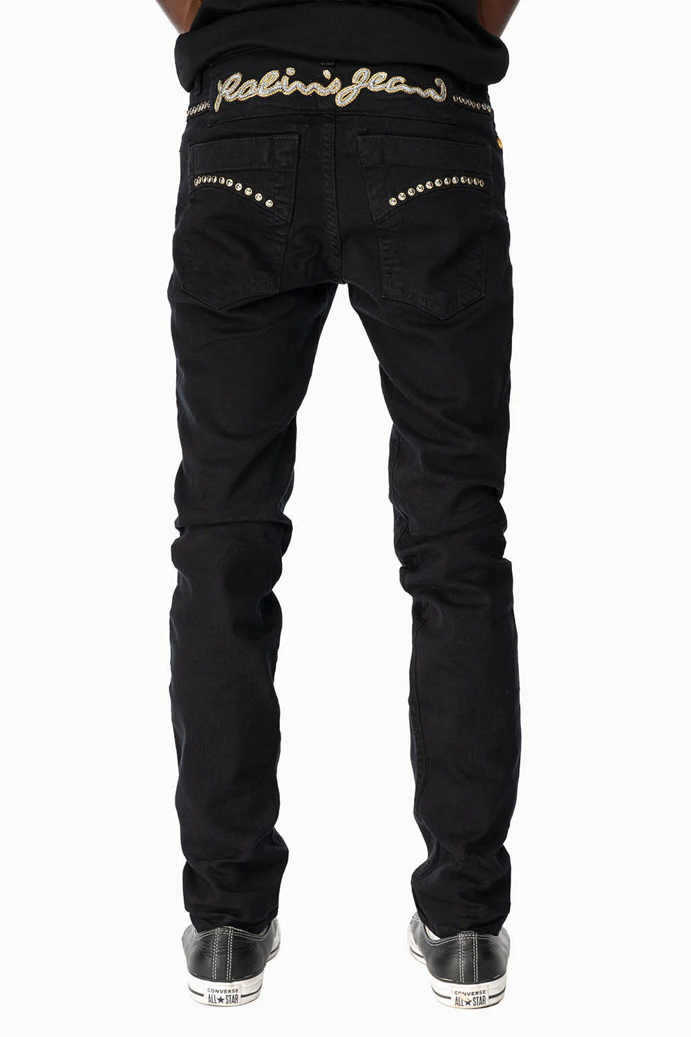 SKINNY JEAN IN PURE BLACK WITH GOLD/SILVER  ROBIN’S LOGO EMBELLISHED WITH GOLD NAILHEAD STUDS - Image 4
