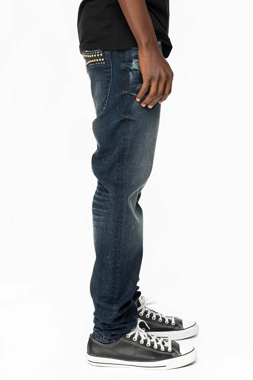 SKINNY MENS JEANS IN 4 D DARK BLUE WASH WITH BLUE SAPPHIRE CRYSTALS AND GOLD NAILHEAD - Image 3