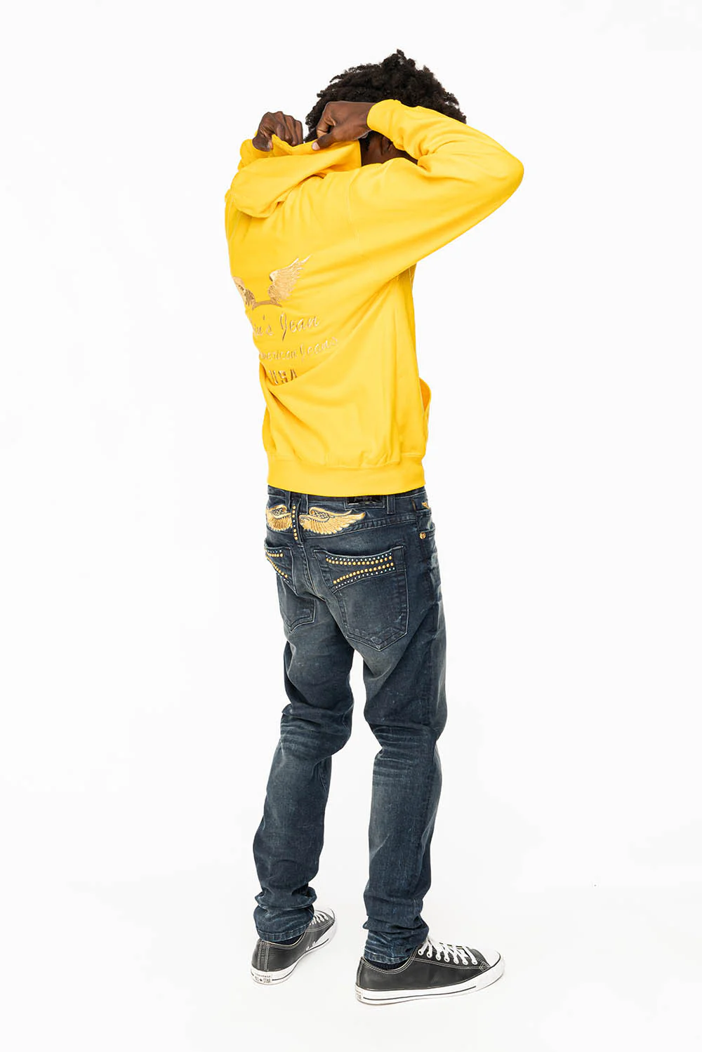 SKINNY MENS JEANS IN 4 D DARK BLUE WASH WITH BLUE SAPPHIRE CRYSTALS AND GOLD NAILHEAD - Image 6