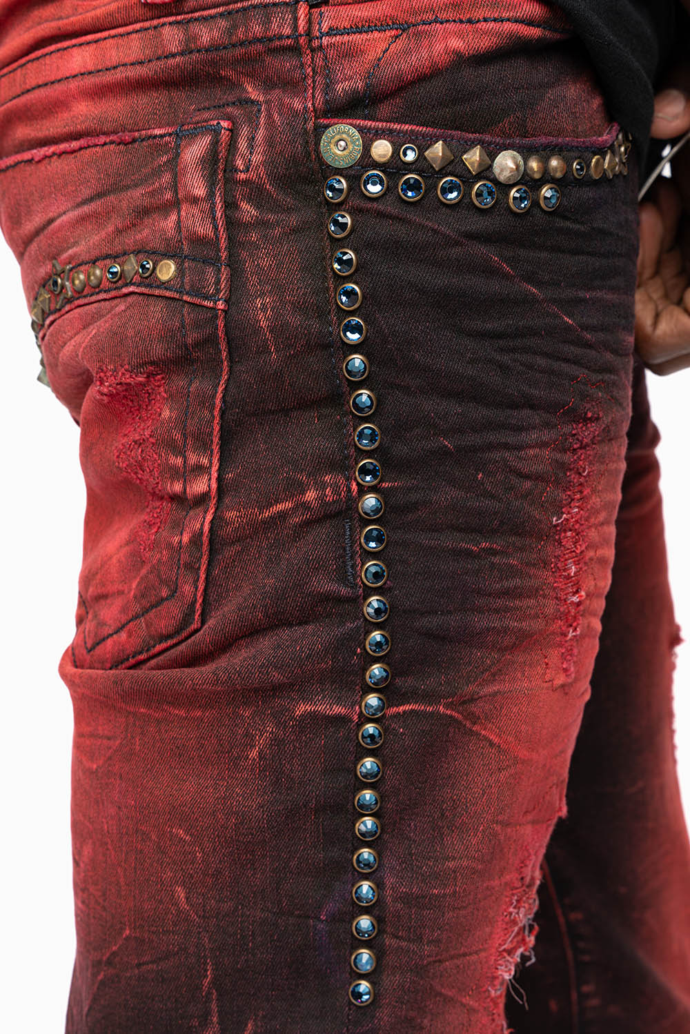 SKINNY MENS JEANS IN 4D DARK MALBEC  BROKEN BACKING WASH WITH LARGE CRYSTALS & STUDS - Image 2