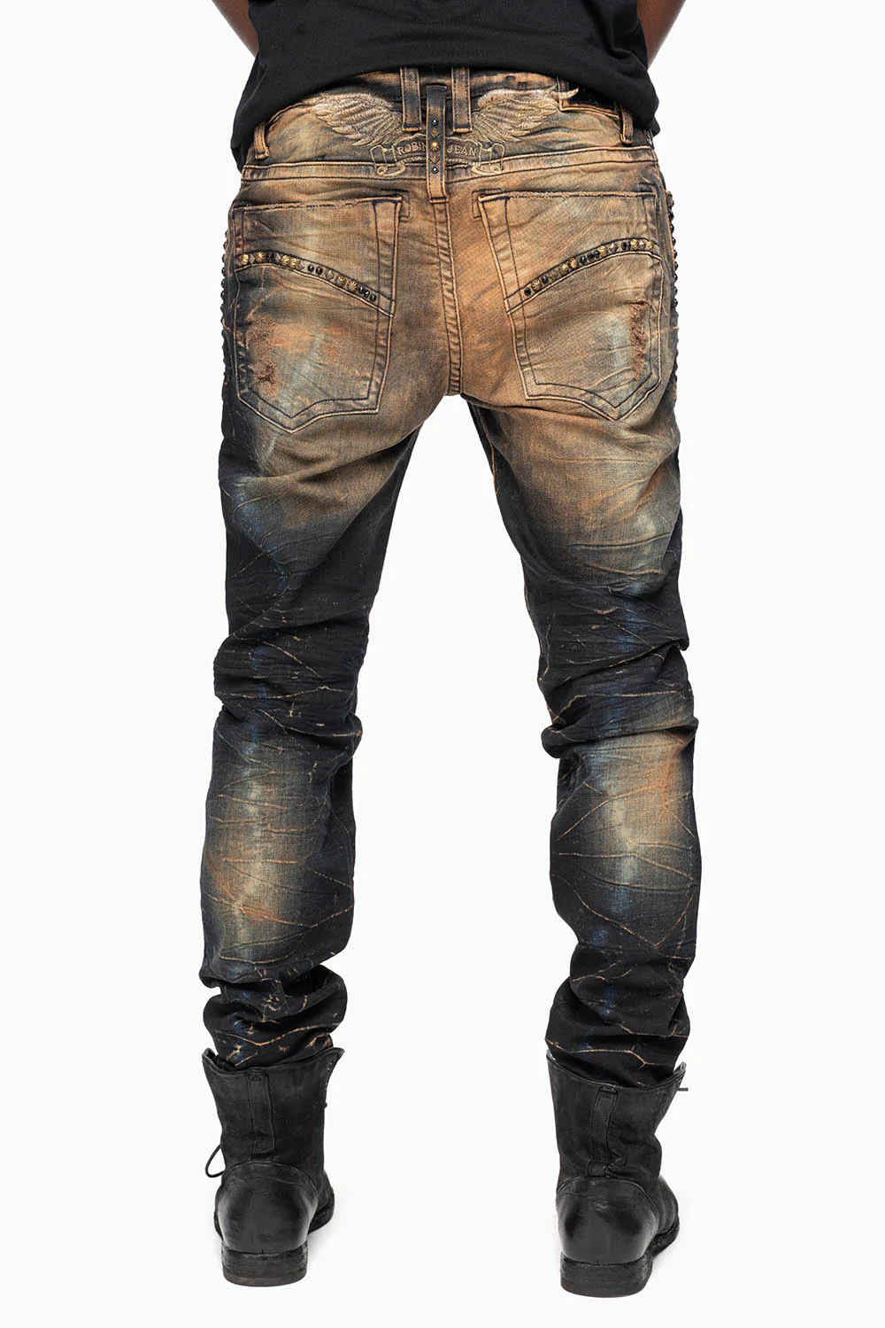 SKINNY MENS JEANS IN 4D DARK OXIDO BROKEN BACKING WASH WITH LARGE CRYSTALS & STUDS