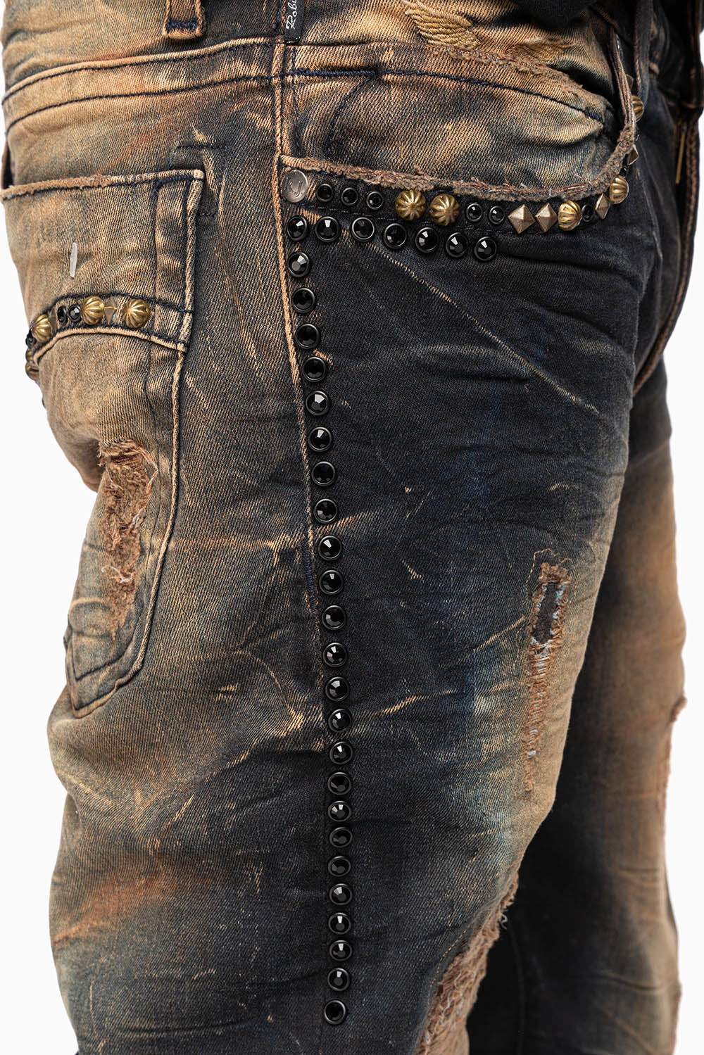 SKINNY MENS JEANS IN 4D DARK OXIDO BROKEN BACKING WASH WITH LARGE CRYSTALS & STUDS - Image 2