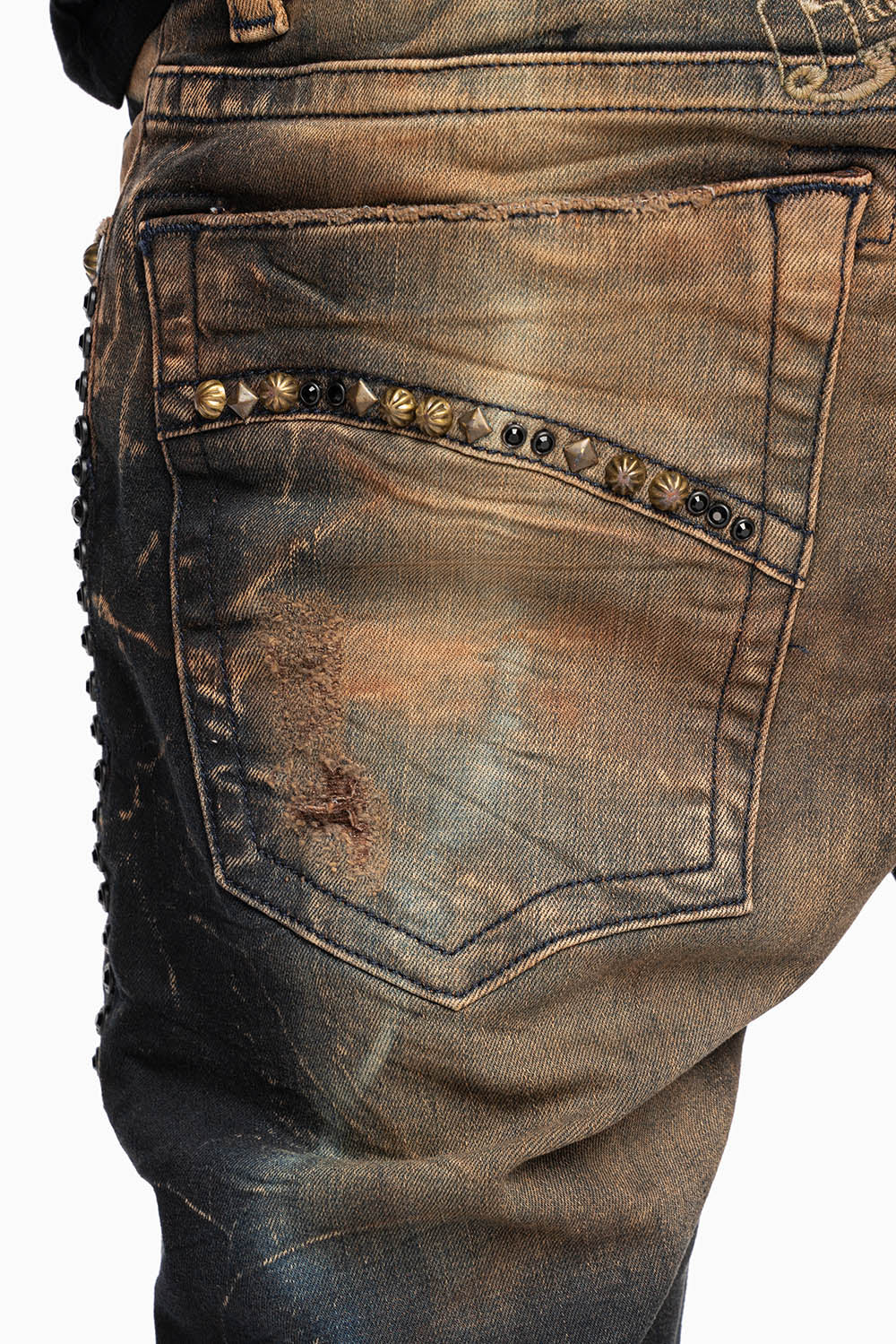 SKINNY MENS JEANS IN 4D DARK OXIDO BROKEN BACKING WASH WITH LARGE CRYSTALS & STUDS - Image 3
