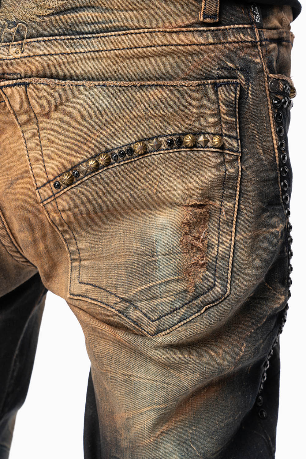 SKINNY MENS JEANS IN 4D DARK OXIDO BROKEN BACKING WASH WITH LARGE CRYSTALS & STUDS - Image 4