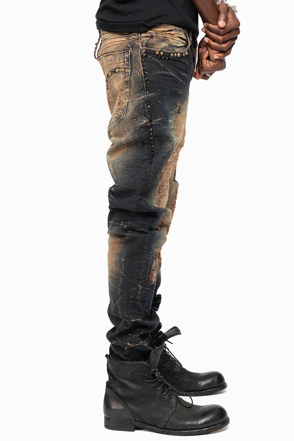 SKINNY MENS JEANS IN 4D DARK OXIDO BROKEN BACKING WASH WITH LARGE CRYSTALS & STUDS - Image 6