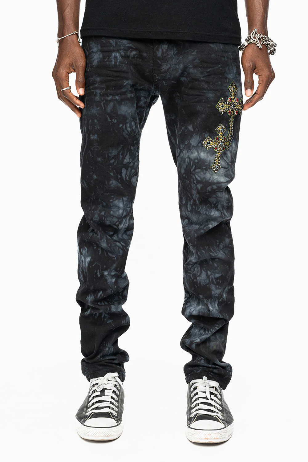SKINNY MENS JEANS IN ASTRO BLACK WITH MEDIEVAL CROSS PATCHES EMBELLISHED WITH CRYSTALS - Image 2
