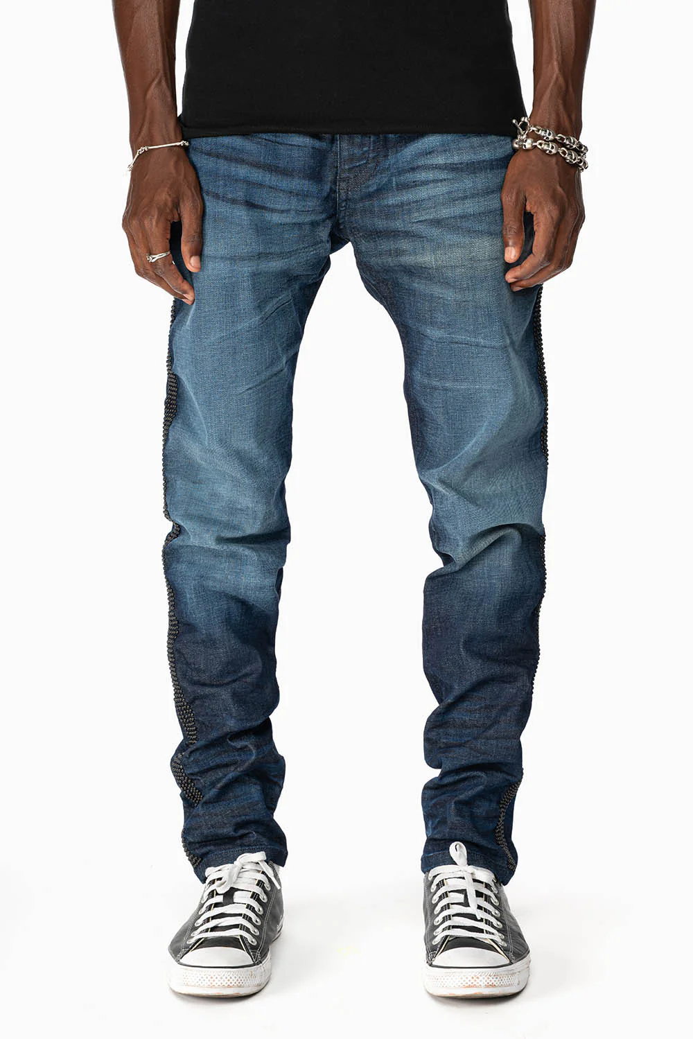SKINNY MENS JEANS IN BLUE LIBERTY DARK WASH WITH SIDE SEAM STRIPE  NAILHEADS - Image 3