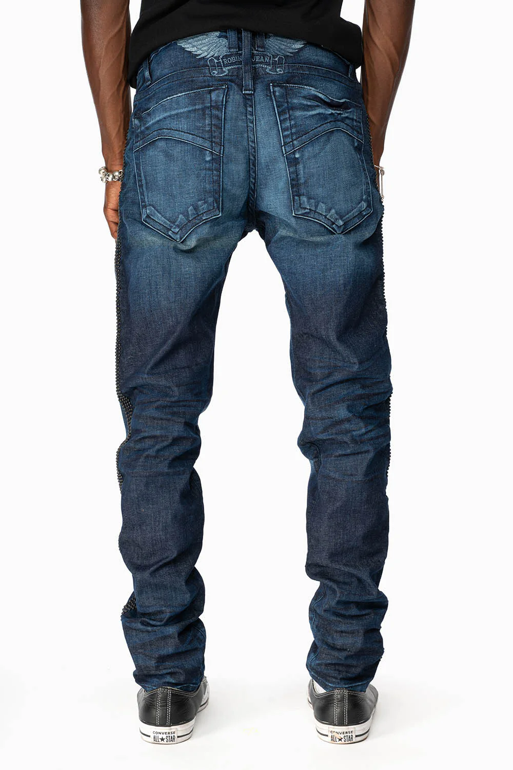 SKINNY MENS JEANS IN BLUE LIBERTY DARK WASH WITH SIDE SEAM STRIPE  NAILHEADS - Image 4