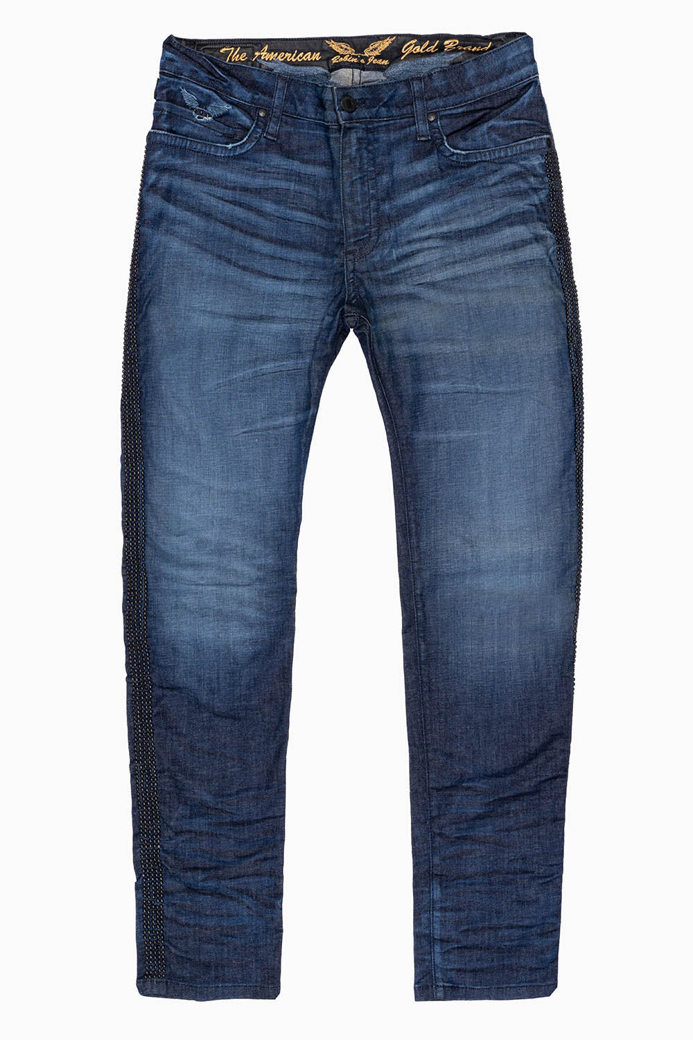SKINNY MENS JEANS IN BLUE LIBERTY DARK WASH WITH SIDE SEAM STRIPE  NAILHEADS - Image 5