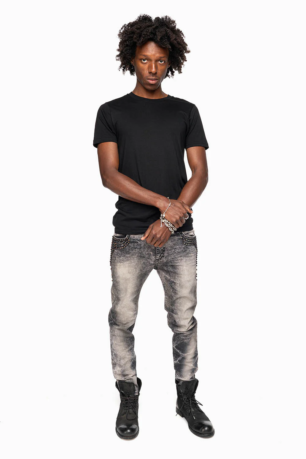 SKINNY MENS JEANS IN MICHAEL BLK  WASH WITH SPIKES & CRYSTALS - Image 5