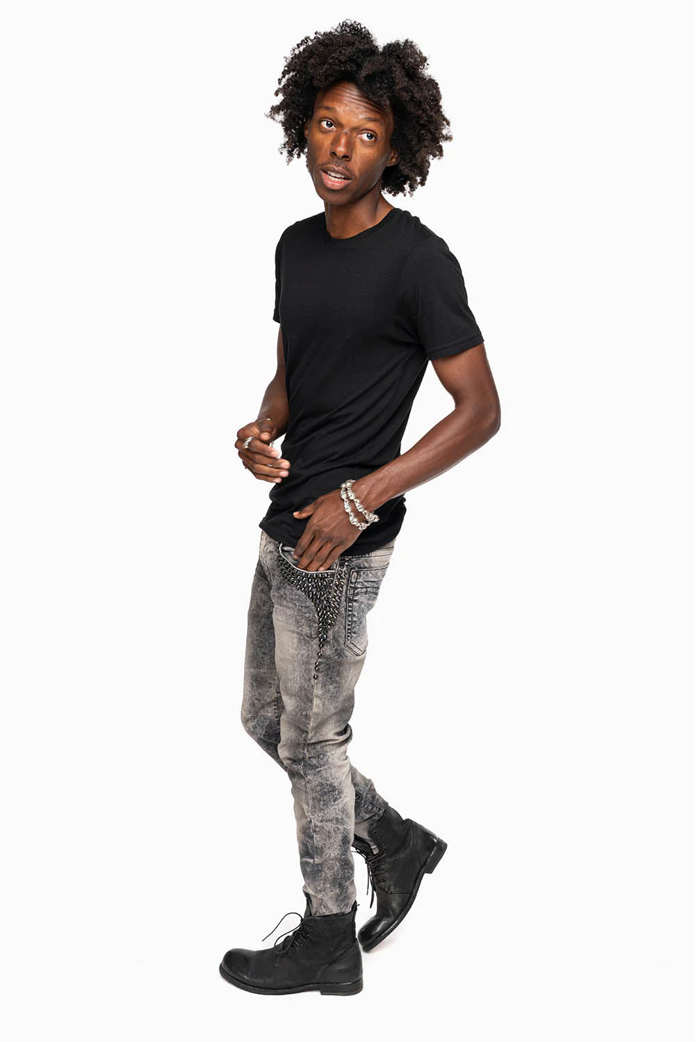 SKINNY MENS JEANS IN MICHAEL BLK  WASH WITH SPIKES & CRYSTALS - Image 6