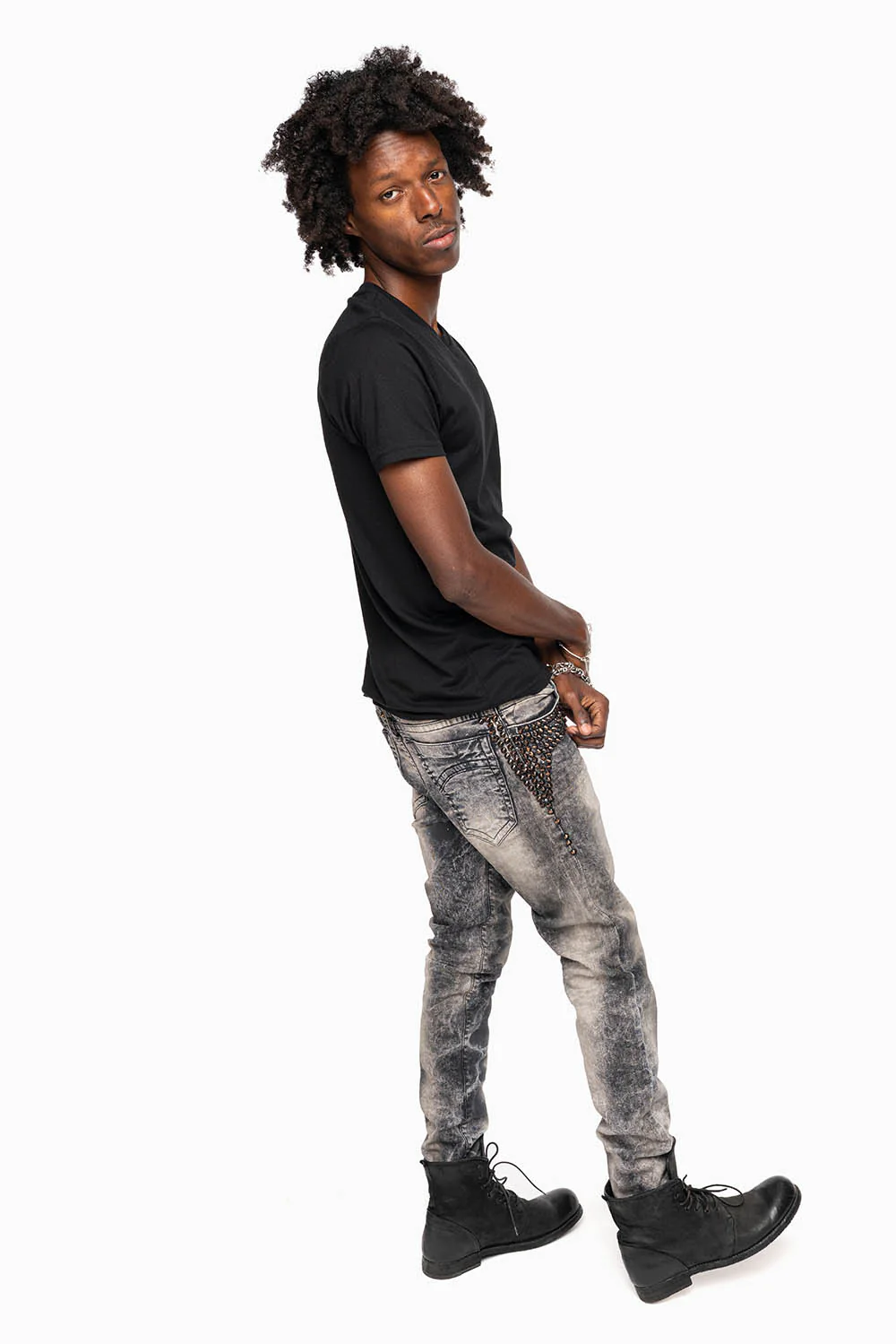 SKINNY MENS JEANS IN MICHAEL BLK  WASH WITH SPIKES & CRYSTALS - Image 8