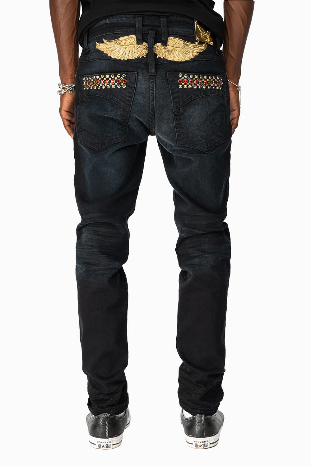 SKINNY MENS JEANS IN F_D UP BLACK WASH WITH RED AND GOLD AURUM CRYSTALS