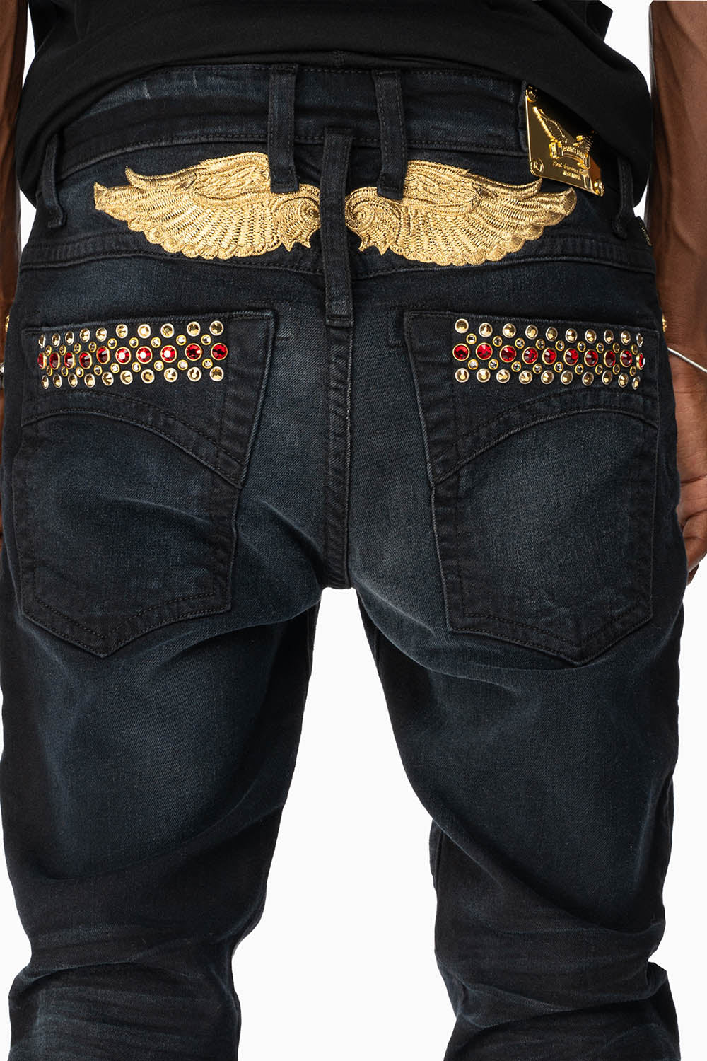 SKINNY MENS JEANS IN F_D UP BLACK WASH WITH RED AND GOLD AURUM CRYSTALS - Image 2