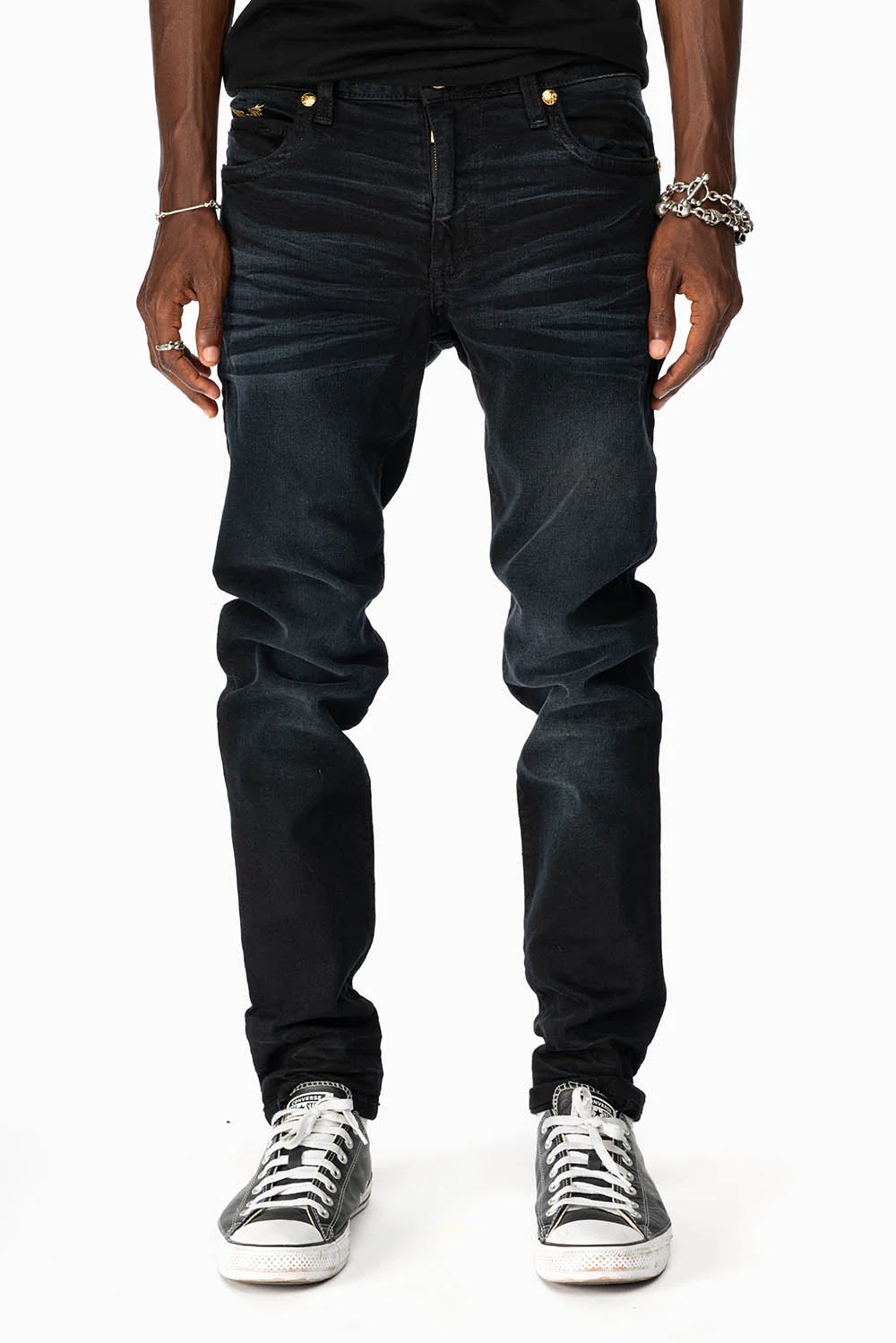 SKINNY MENS JEANS IN F_D UP BLACK WASH WITH RED AND GOLD AURUM CRYSTALS - Image 3