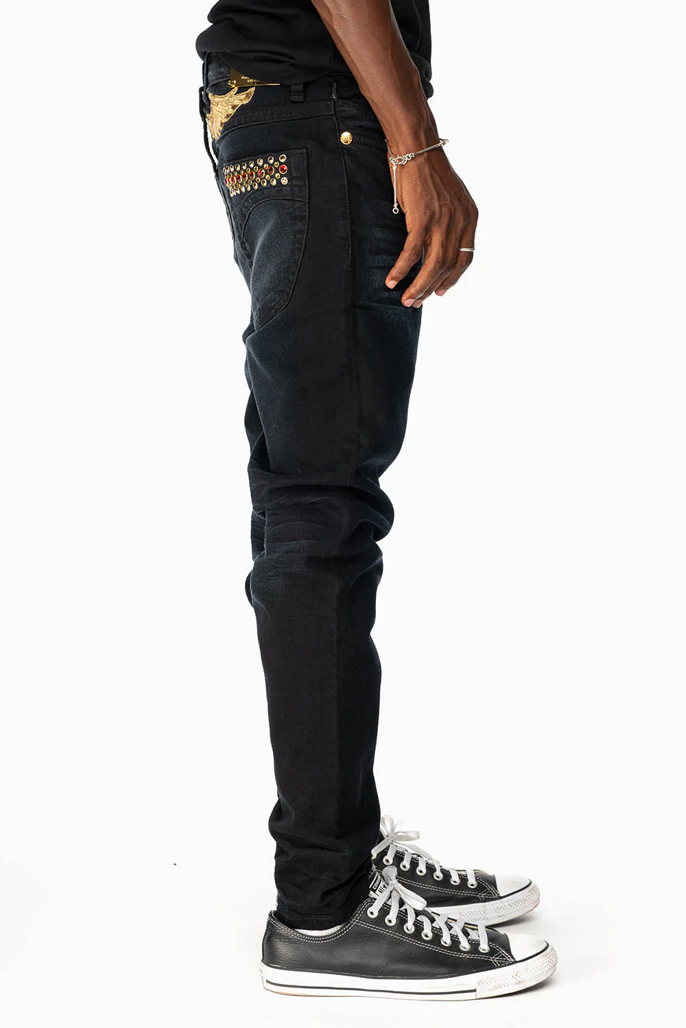 SKINNY MENS JEANS IN F_D UP BLACK WASH WITH RED AND GOLD AURUM CRYSTALS - Image 4