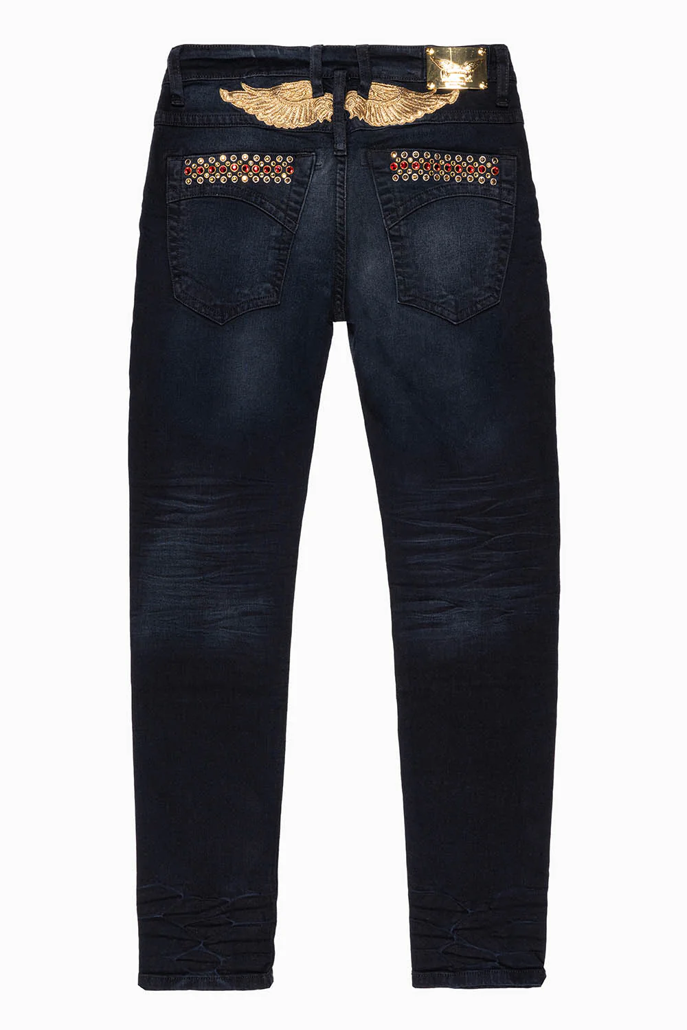 SKINNY MENS JEANS IN F_D UP BLACK WASH WITH RED AND GOLD AURUM CRYSTALS - Image 5