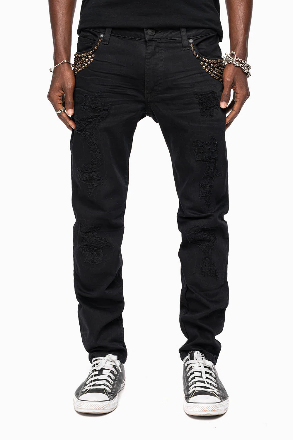 SKINNY MENS JEANS IN PURE BLK BROKEN BACKING WASH WITH SPIKE & CRYSTALS - Image 3