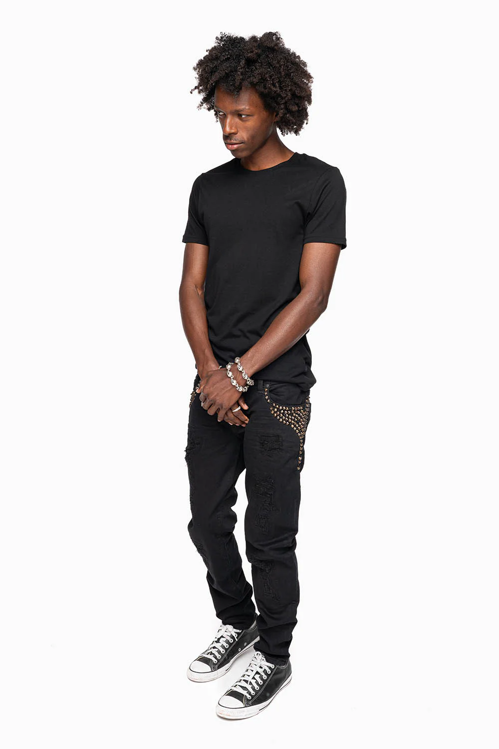 SKINNY MENS JEANS IN PURE BLK BROKEN BACKING WASH WITH SPIKE & CRYSTALS - Image 5