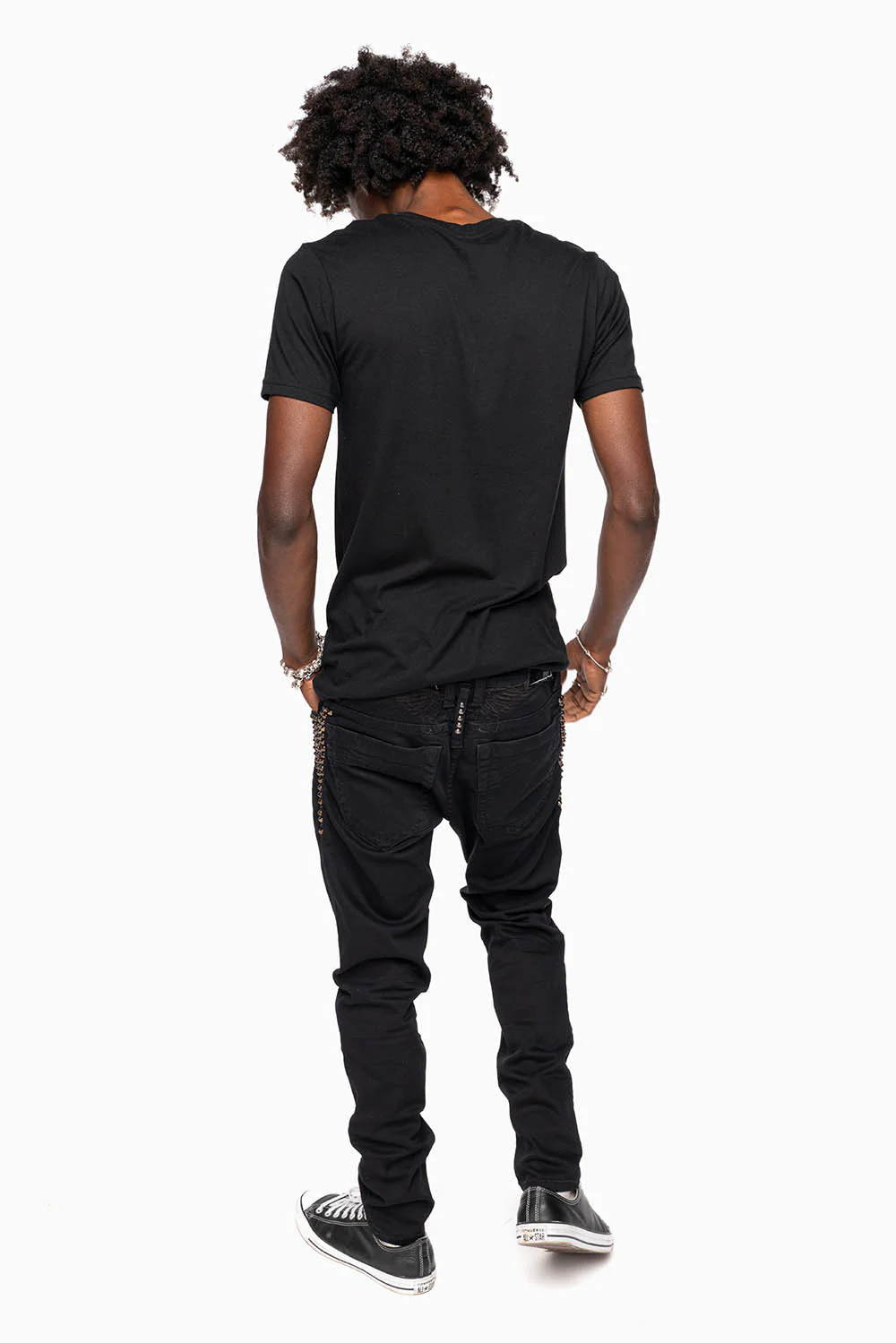 SKINNY MENS JEANS IN PURE BLK BROKEN BACKING WASH WITH SPIKE & CRYSTALS - Image 6