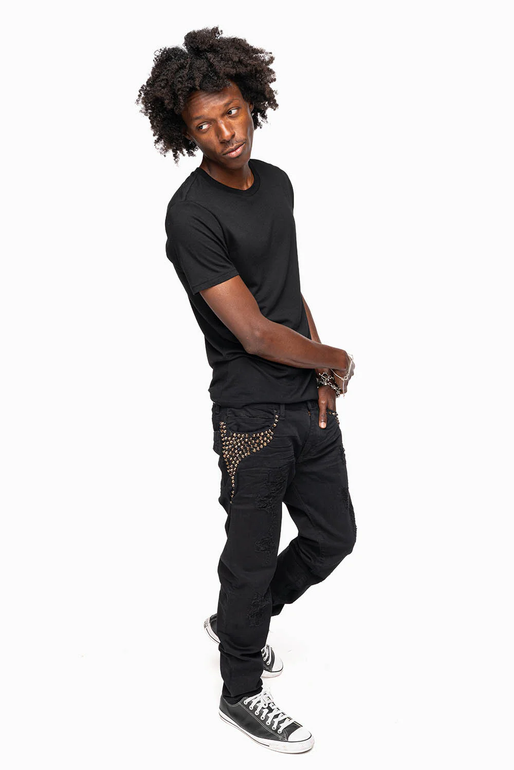 SKINNY MENS JEANS IN PURE BLK BROKEN BACKING WASH WITH SPIKE & CRYSTALS - Image 7