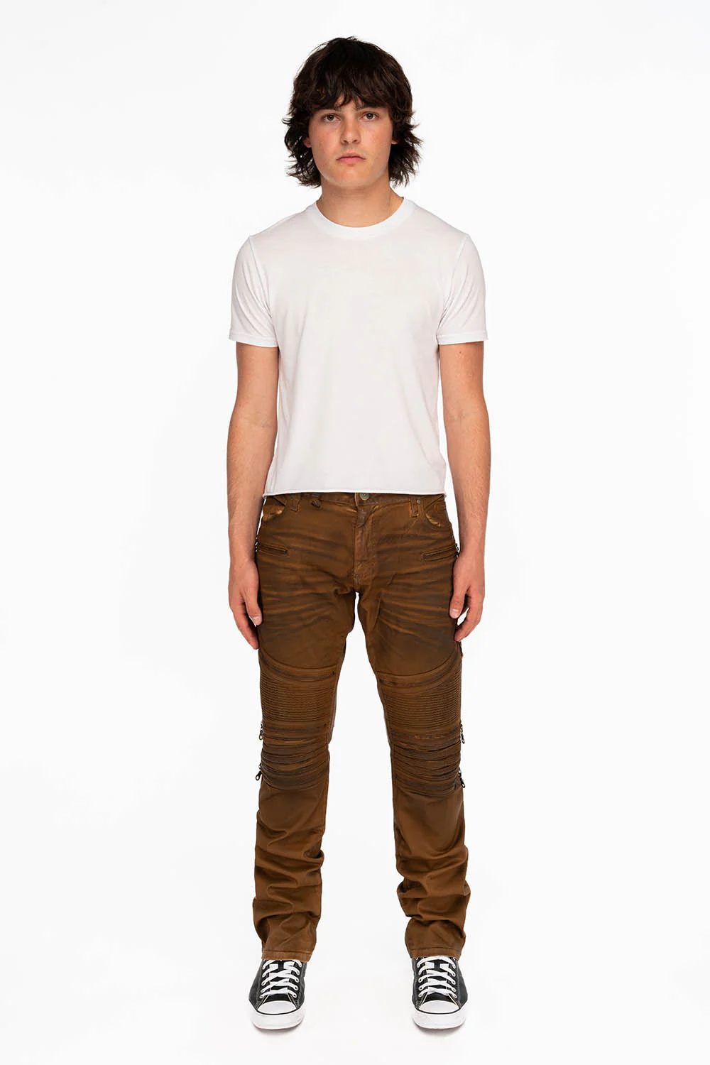 MEN'S BIKER SLIM JEANS IN SUEDE KHAKI COATING - Image 4
