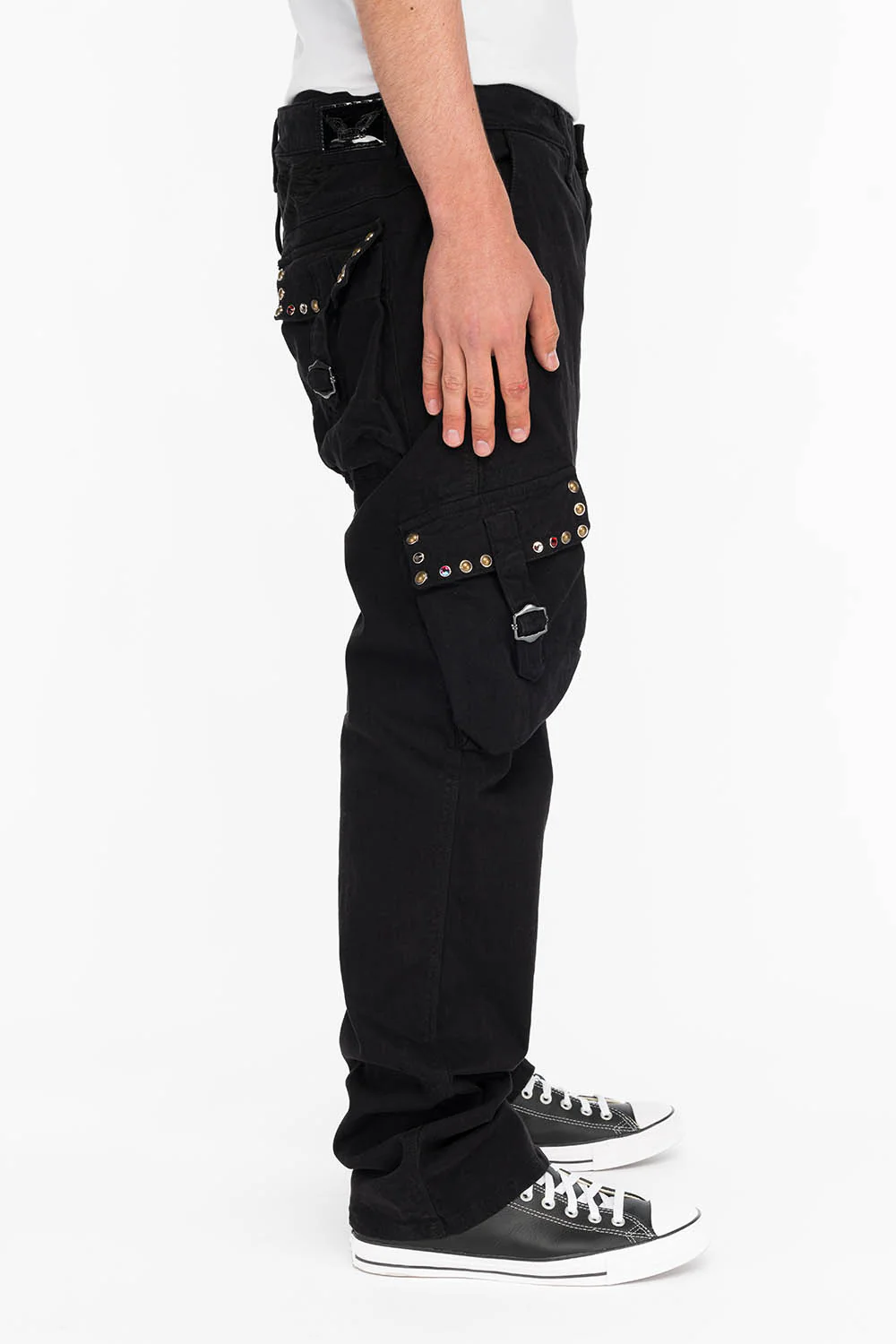 ROBINS NEW MILITARY STYLE CARGO PANTS IN BLACK WITH STUDS AND CRYSTALS - Image 2
