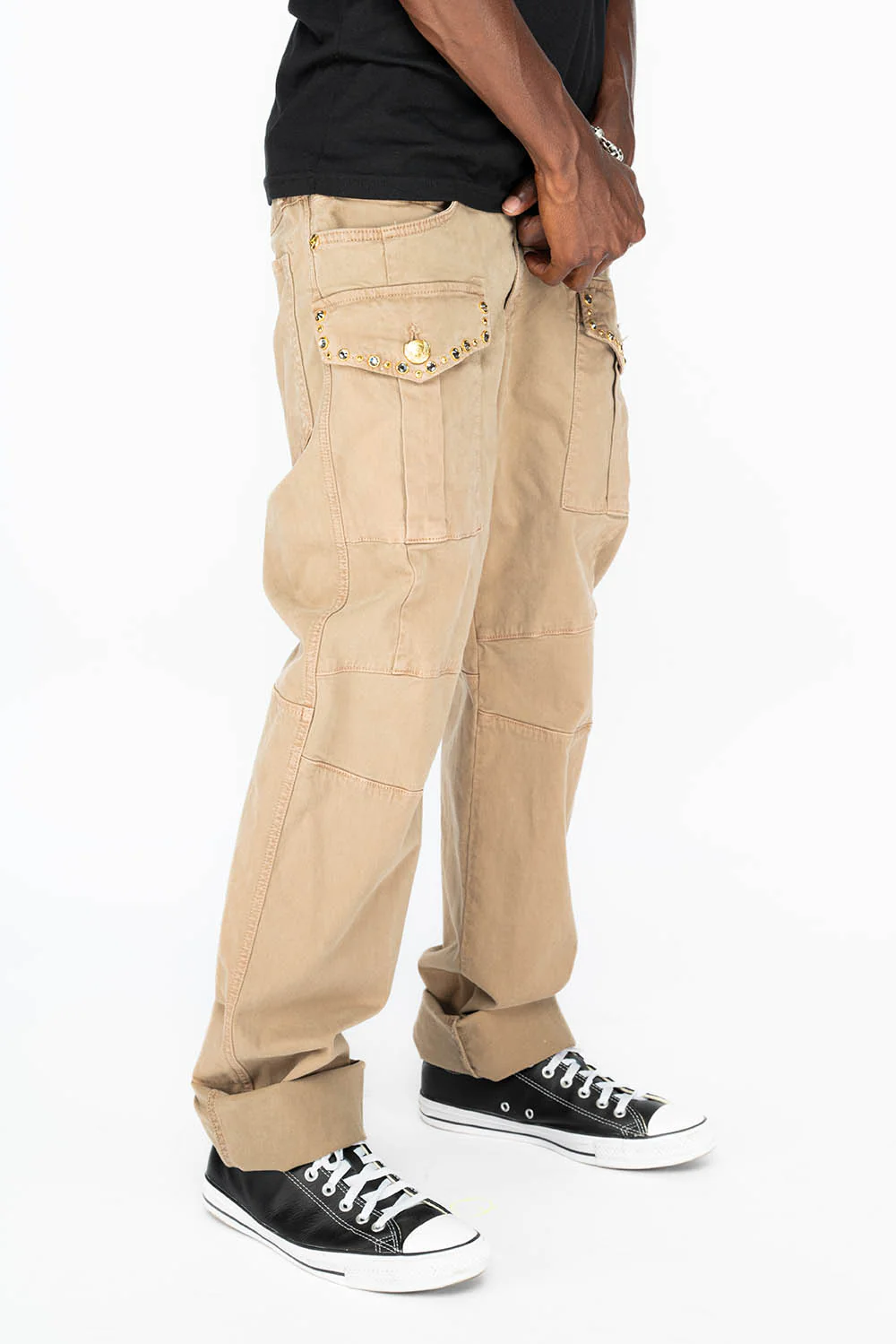 BOMBER POCKET PANTS WITH CRYSTALS IN BEIGE - Image 3
