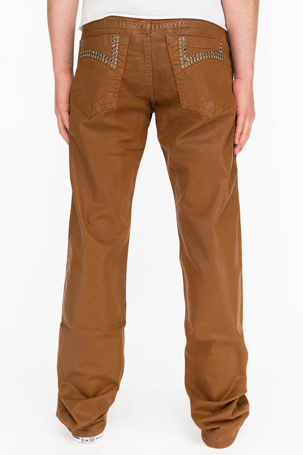 CLASSIC 5 POCKET STRAIGHT LEG JEANS IN CUIR CARAMEL WITH STUDS AND CRYSTALS - Image 3