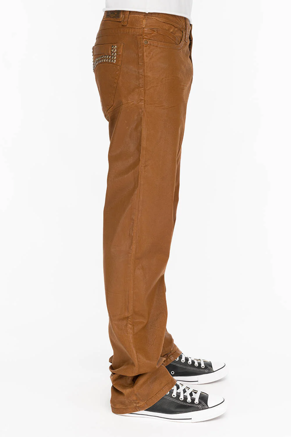 CLASSIC 5 POCKET STRAIGHT LEG JEANS IN CUIR CARAMEL WITH STUDS AND CRYSTALS - Image 4