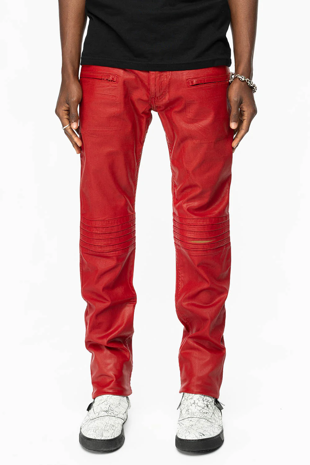 MENS MOTO BIKER JEANS IN SPECIAL RED WASH WITH COATING