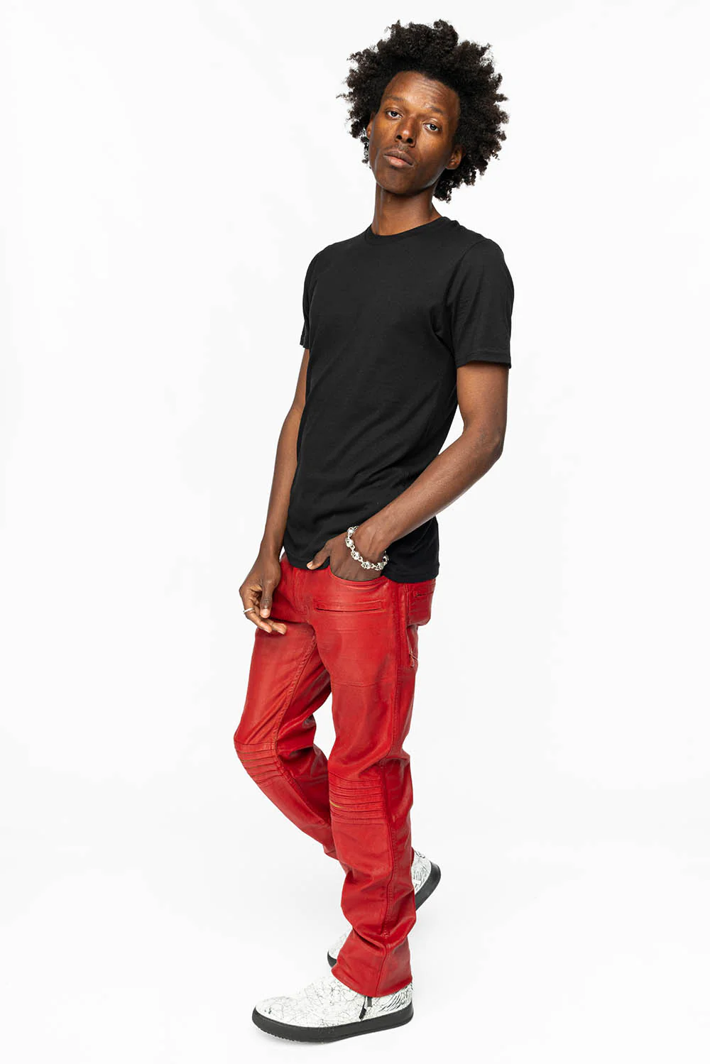 MENS MOTO BIKER JEANS IN SPECIAL RED WASH WITH COATING - Image 5