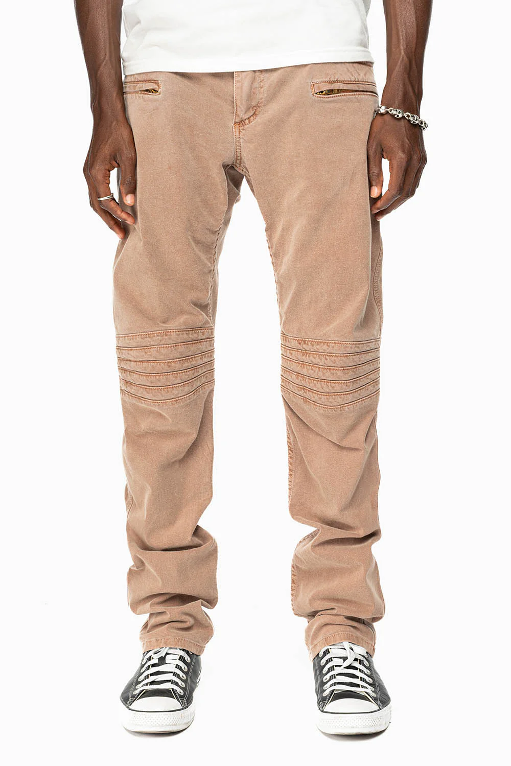 MENS MOTO BIKER JEANS IN KHAKI WASH - Image 2