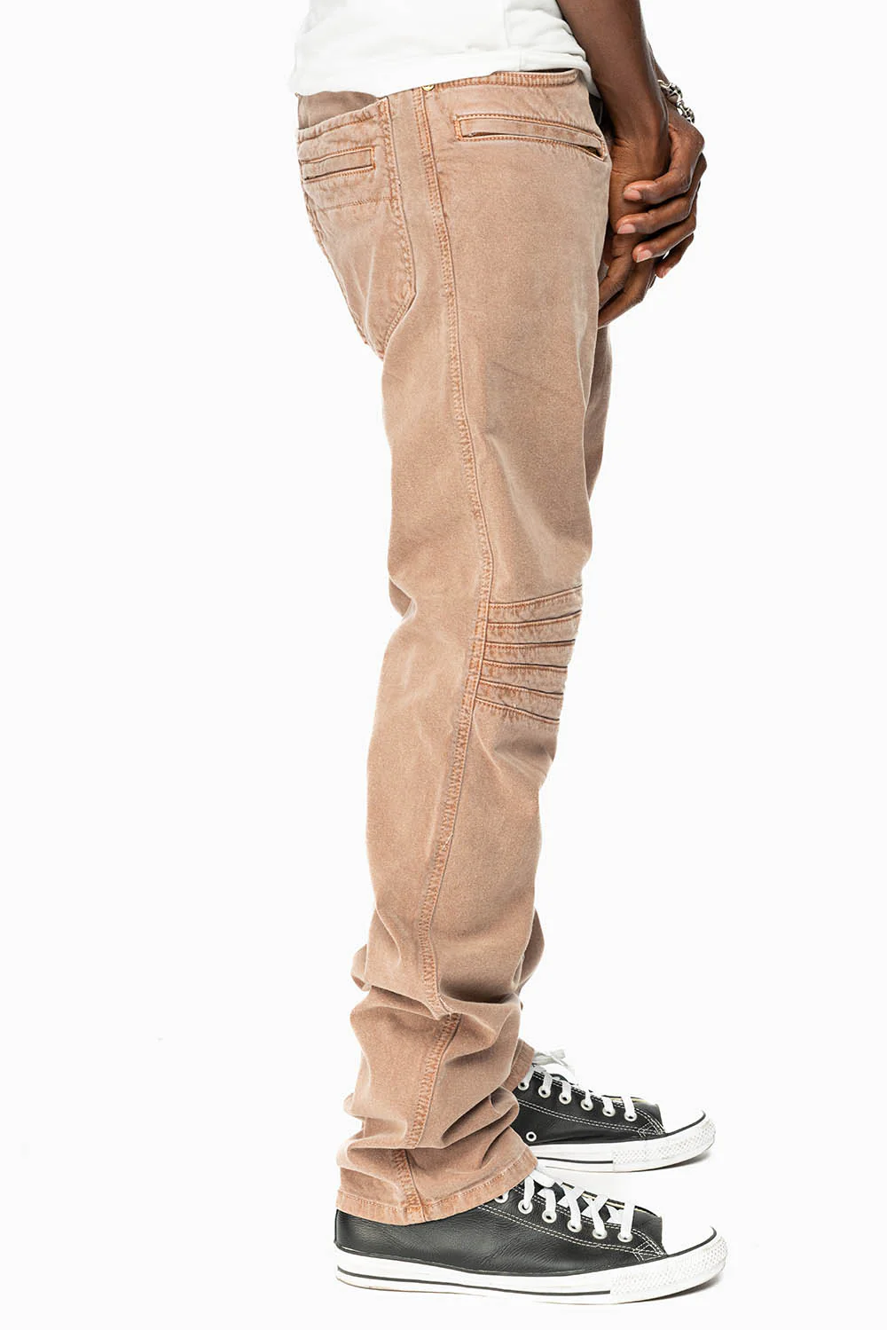 MENS MOTO BIKER JEANS IN KHAKI WASH - Image 3