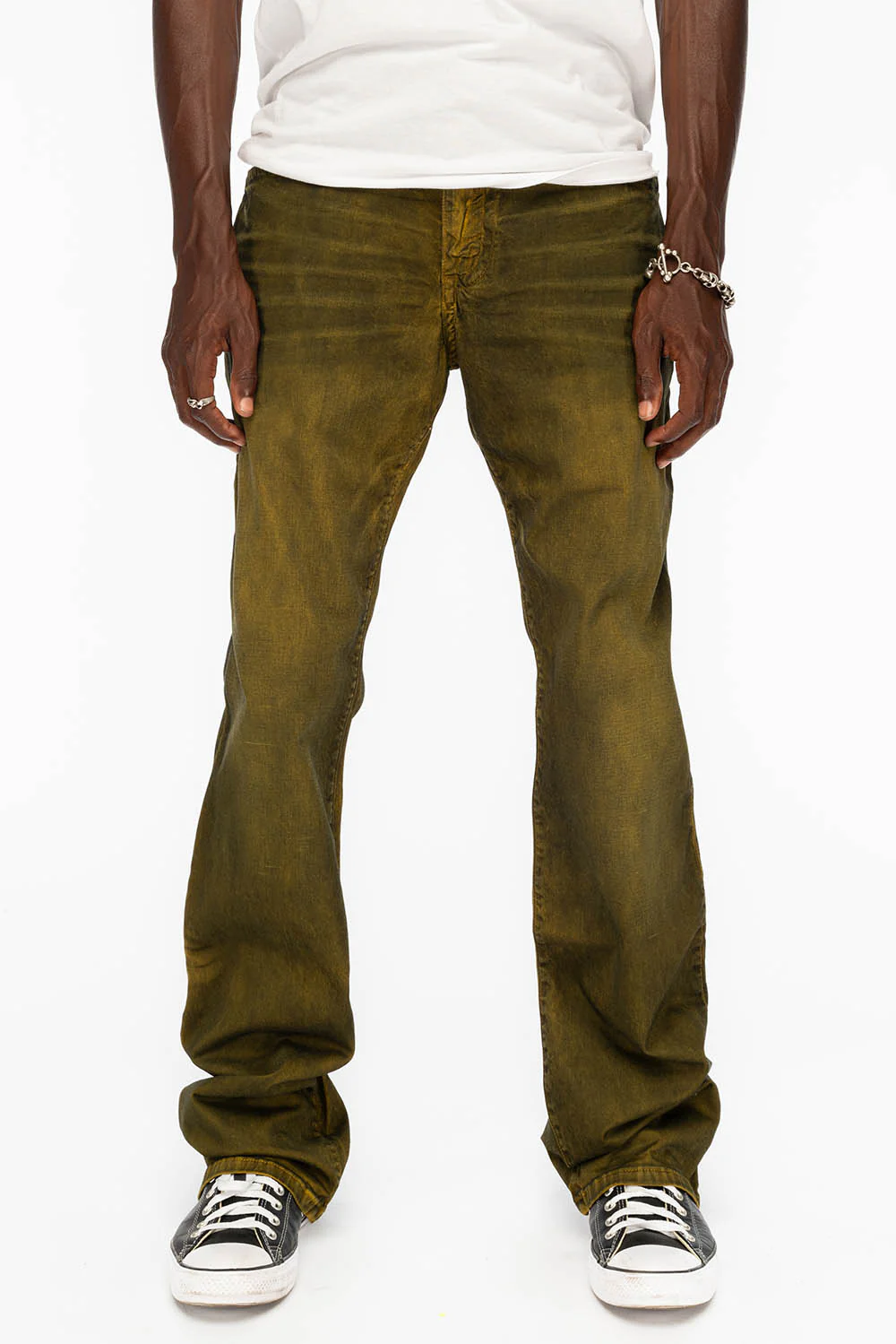 LONG FLAP MENS STRAIGHT JEANS WITH CRYSTALS IN DUSTY YELLOW - Image 3