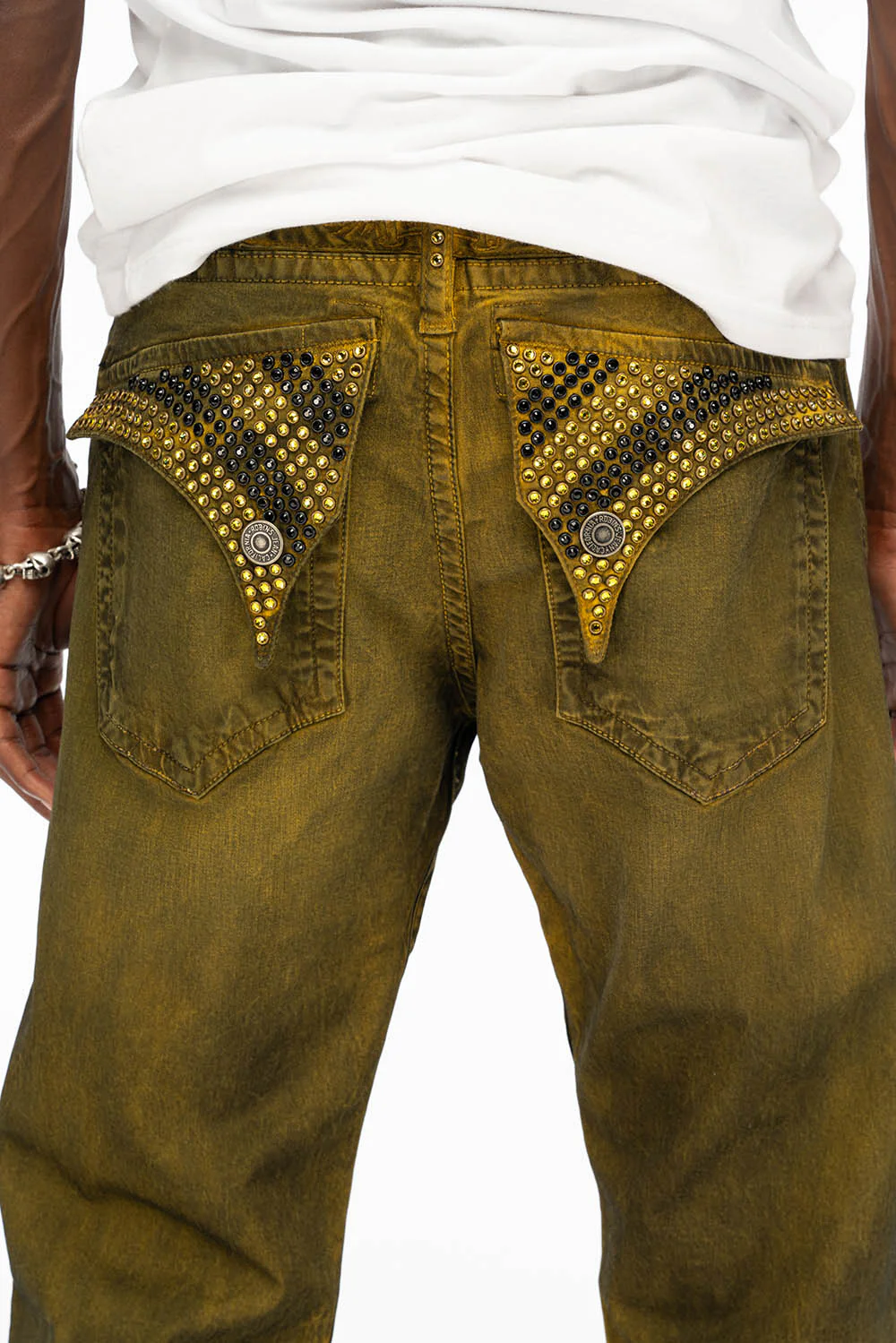 LONG FLAP MENS STRAIGHT JEANS WITH CRYSTALS IN DUSTY YELLOW - Image 5