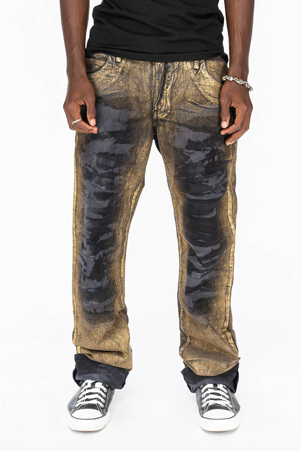 MENS LONG FLAP STRAIGHT CUT JEANS WITH SMOKY TOPAZ CRYSTALS IN AERO BLACK WASH - Image 2