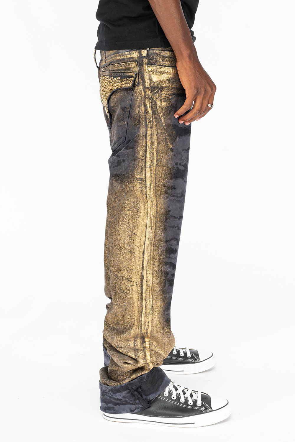 MENS LONG FLAP STRAIGHT CUT JEANS WITH SMOKY TOPAZ CRYSTALS IN AERO BLACK WASH - Image 3